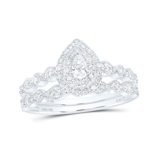 10K White Or Yellow Gold Pear Diamond Halo Bridal Wedding Ring Band Set , Womens Size: 5-10