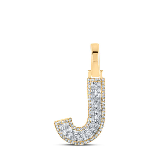 10K Yellow Gold Mens Baguette Diamond Initial Letter Charm Pendant