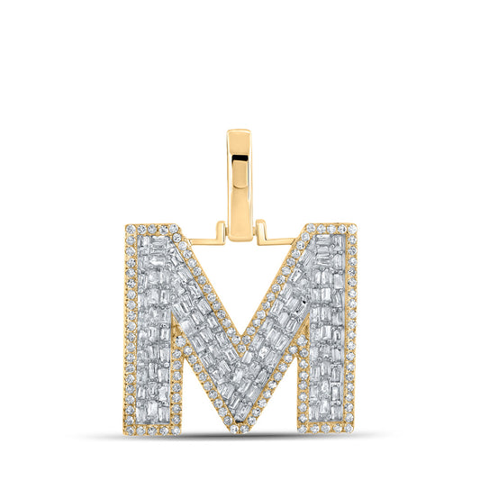 10K Yellow Gold Mens Baguette Diamond M Initial Letter Charm Pendant 3/4 Cttw, Length: 1.13 In, Width: 0.62 In