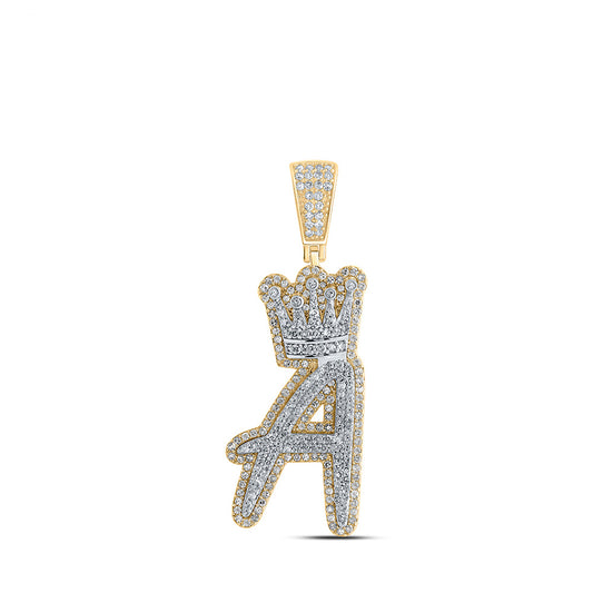 10K Yellow Gold Mens Round Diamond Crown Letter Charm Pendant