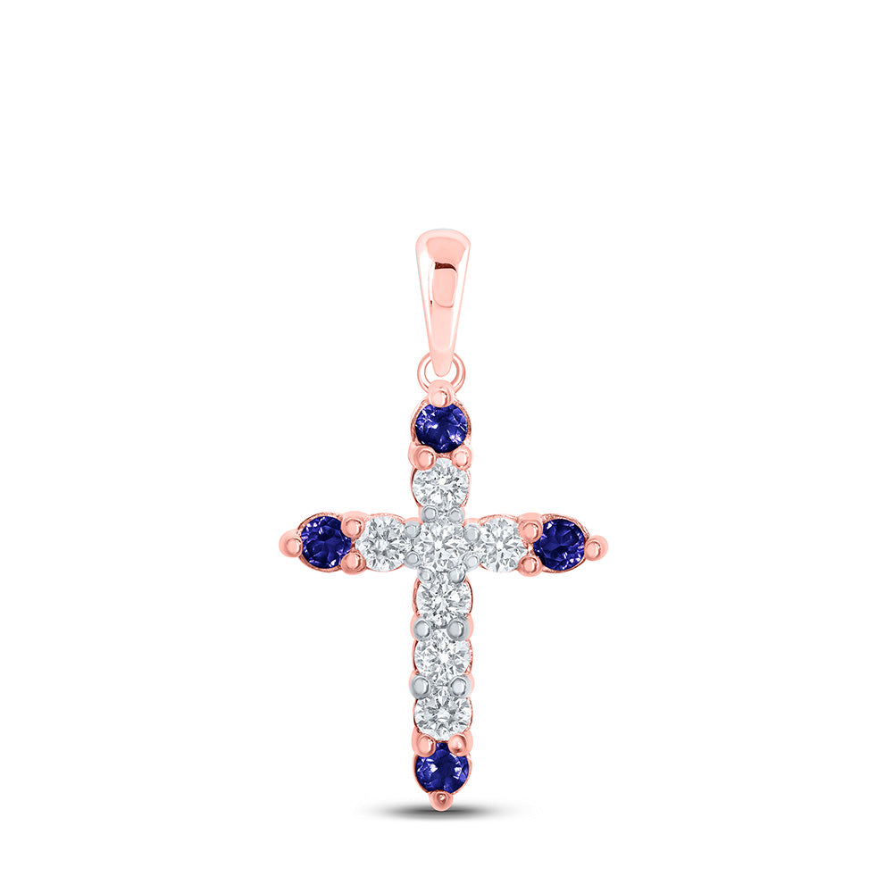 10K Yellow Or White Or Rose Gold Womens Round Blue Sapphire Diamond Cross Pendant