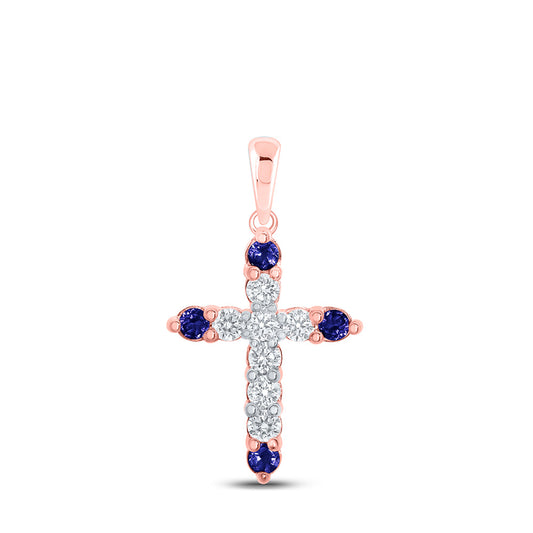 10K Yellow Or White Or Rose Gold Womens Round Blue Sapphire Diamond Cross Pendant