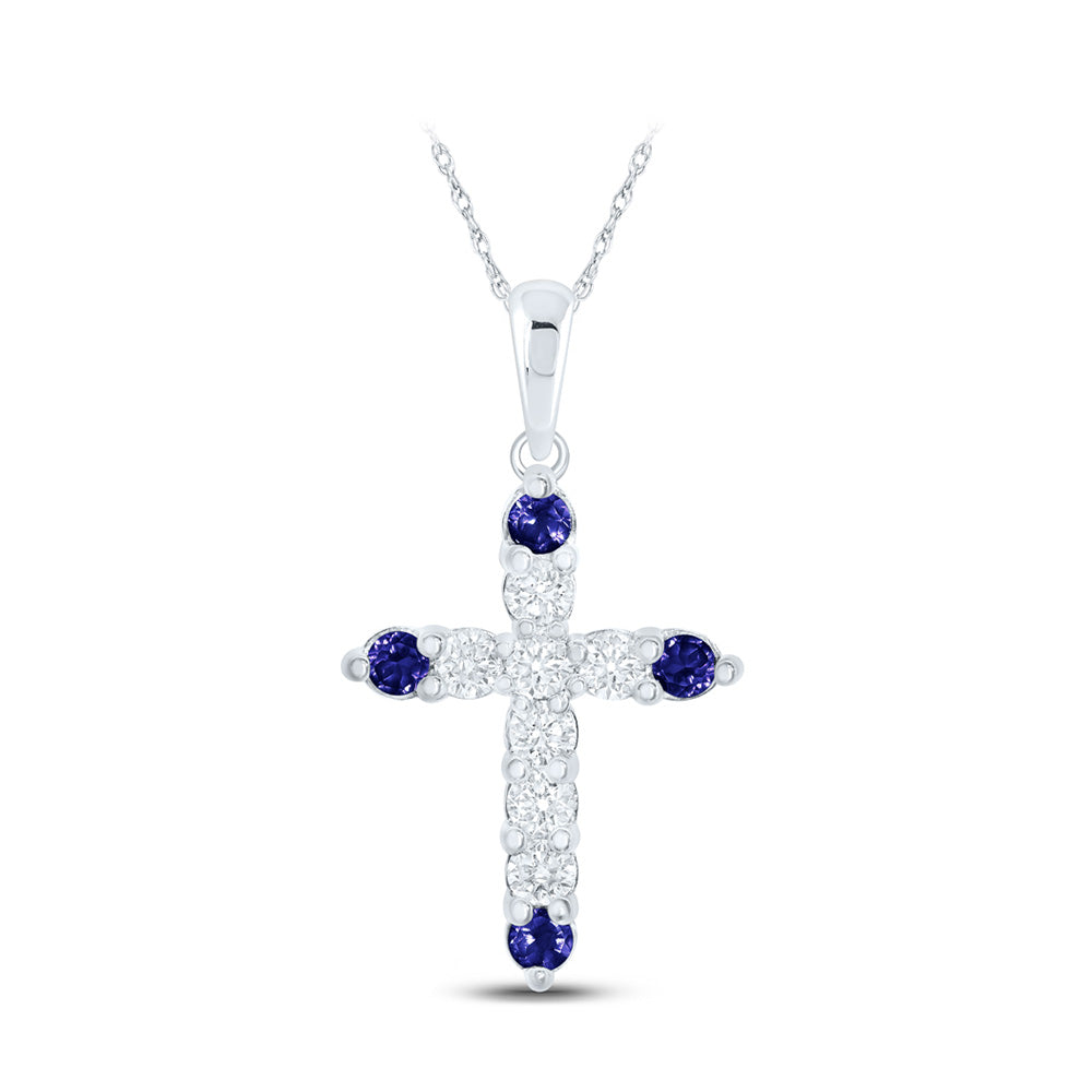 10K Yellow Or White Or Rose Gold Womens Round Blue Sapphire Diamond Cross Pendant