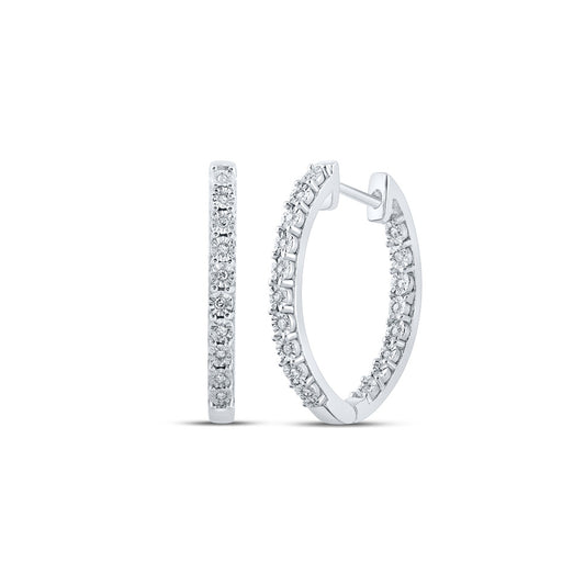 Sterling Silver Womens Round Diamond Inside Outside Hoop Earrings 1/10 Cttw, Length: 0.81 In