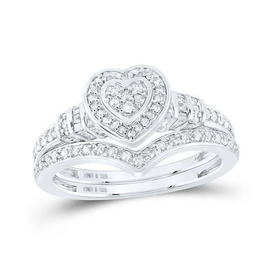 Sterling Silver Round Diamond Heart Bridal Wedding Ring Band Set 1/3 Cttw, Womens Size: 5-10