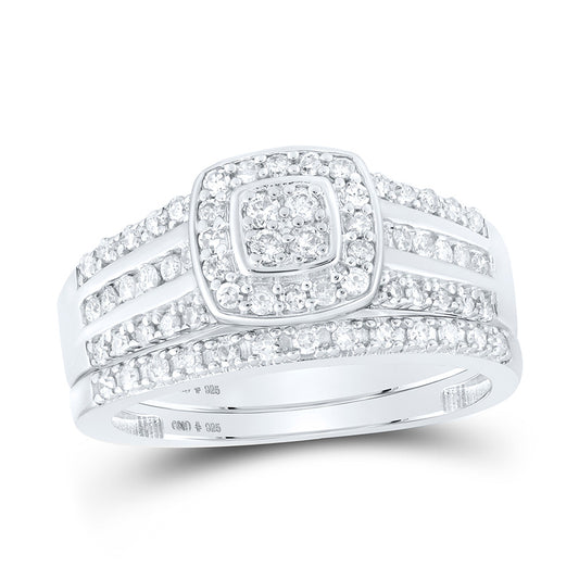 Sterling Silver Round Diamond Square Bridal Wedding Ring Band Set 1/2 Cttw, Womens Size: 5-10