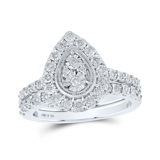 Sterling Silver Round Diamond Teardrop Bridal Wedding Ring Band Set 1/5 Cttw, Womens Size: 5-10