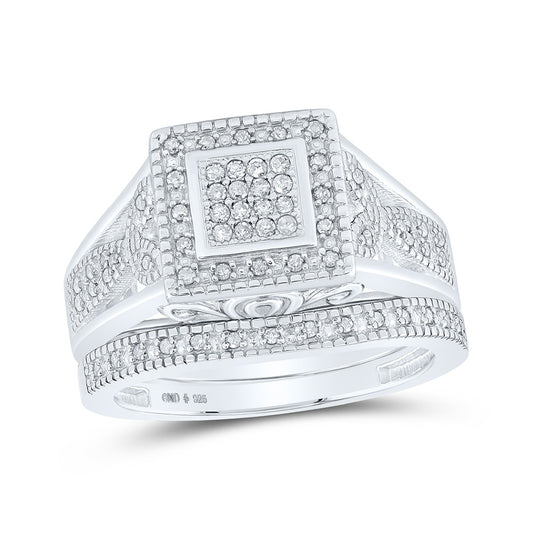 Sterling Silver Round Diamond Square Bridal Wedding Ring Band Set 1/5 Cttw, Womens Size: 5-10