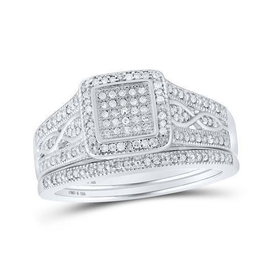 Sterling Silver Round Diamond Square Bridal Wedding Ring Band Set 1/3 Cttw, Womens Size: 5-10
