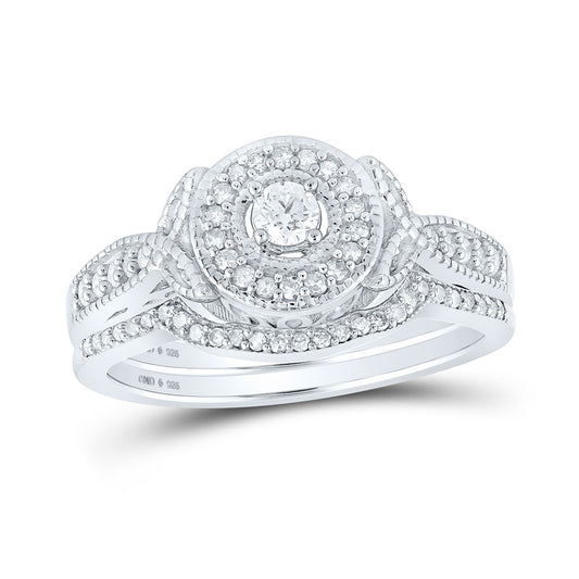 Sterling Silver Round Diamond Halo Bridal Wedding Ring Band Set 3/8 Cttw, Womens Size: 5-10