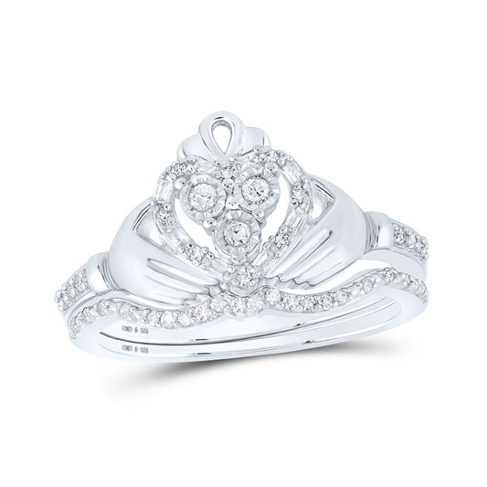 Sterling Silver Round Diamond Claddagh Bridal Wedding Ring Band Set 1/5 Cttw, Womens Size: 5-10