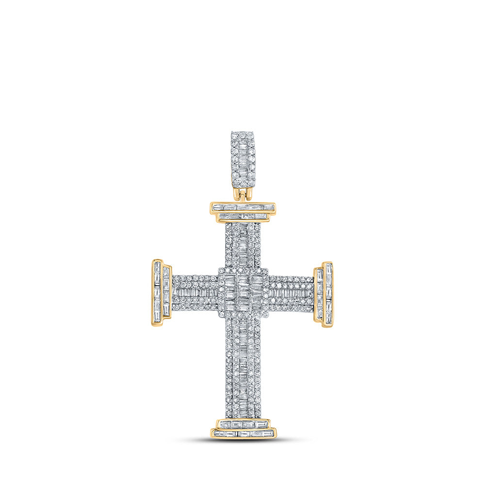 10K Yellow Gold Mens Baguette Diamond Cross Charm Pendant 1-7/8 Cttw