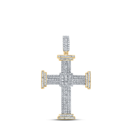 10K Yellow Gold Mens Baguette Diamond Cross Charm Pendant 1-7/8 Cttw