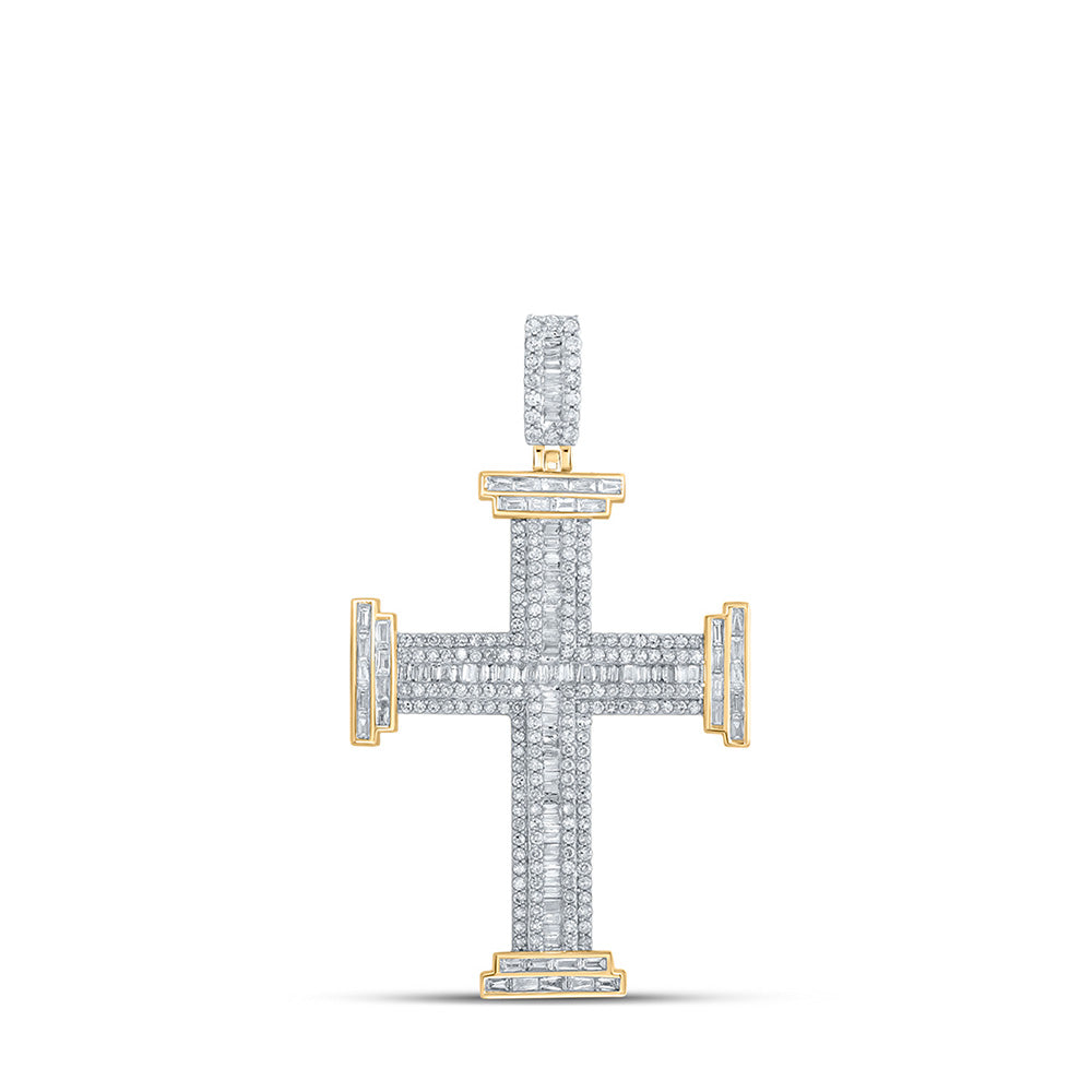 10K Yellow Gold Mens Baguette Diamond Cross Charm Pendant 1-3/4 Cttw