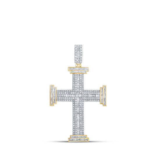 10K Yellow Gold Mens Baguette Diamond Cross Charm Pendant 1-3/4 Cttw