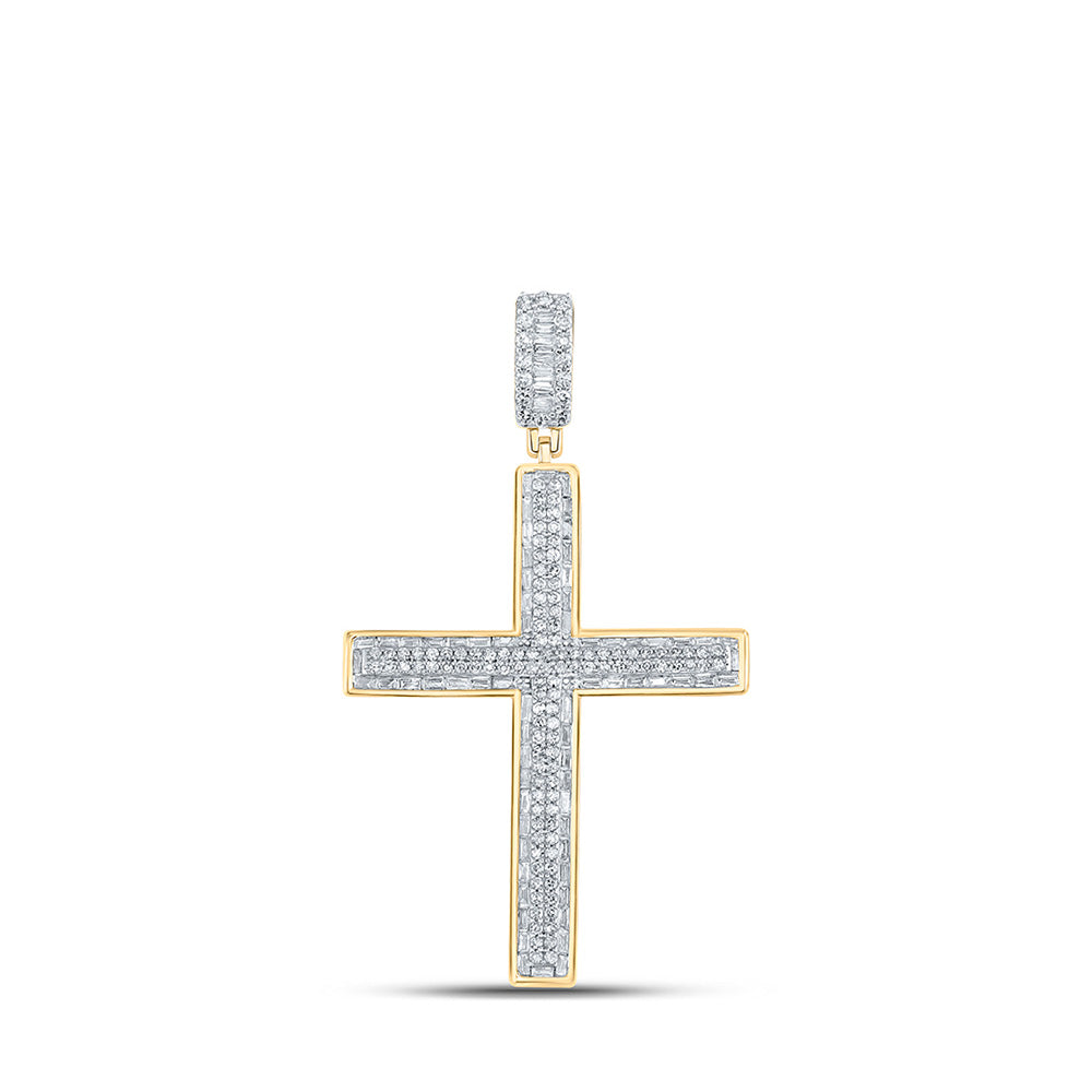 10K Yellow Gold Mens Baguette Diamond Cross Charm Pendant 1 Cttw