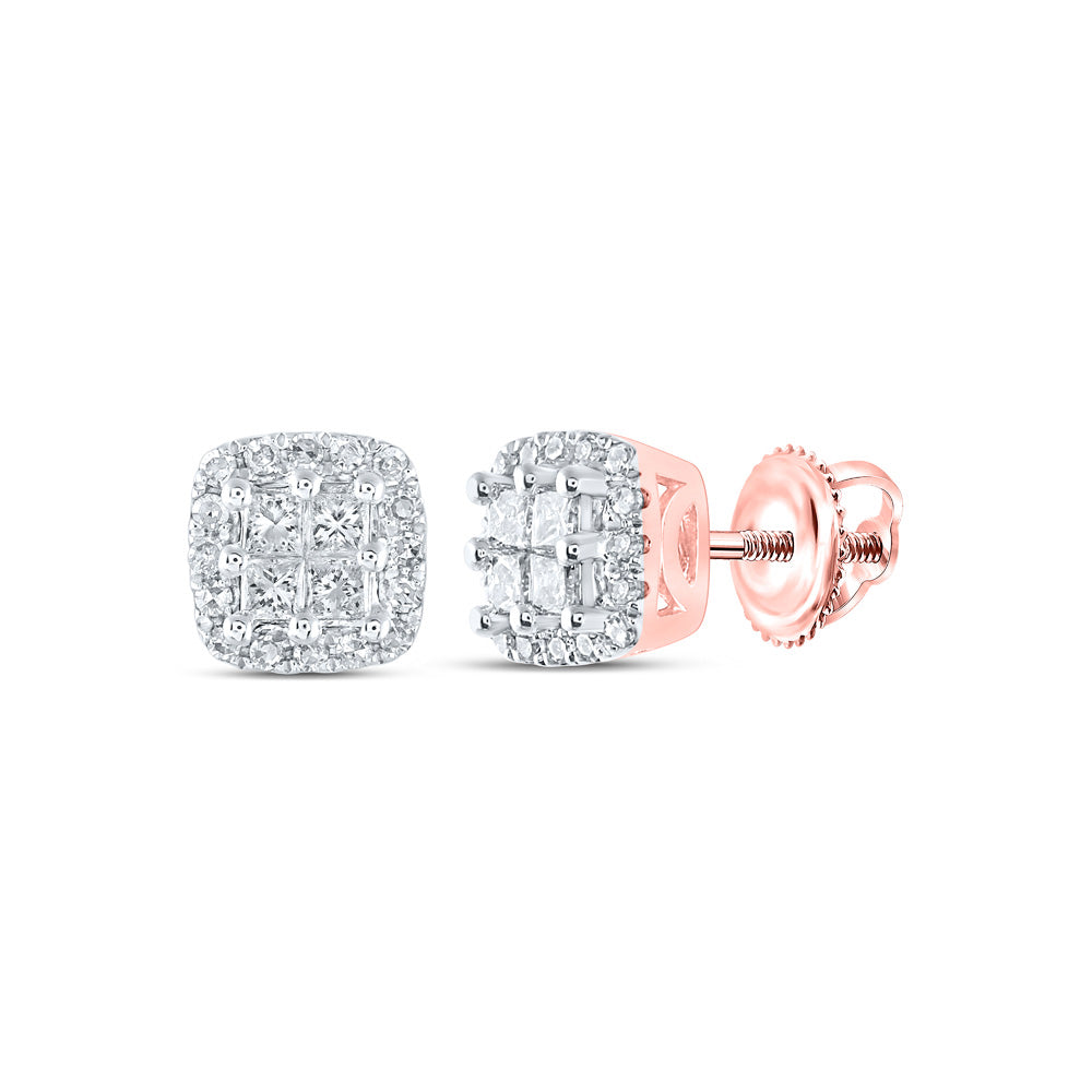 14K Rose Or White Gold  Womens Round Diamond Square Earrings 1/4 Cttw