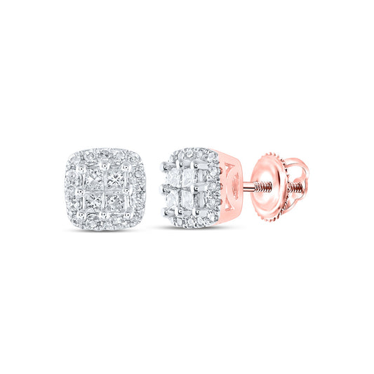 14K Rose Or White Gold  Womens Round Diamond Square Earrings 1/4 Cttw