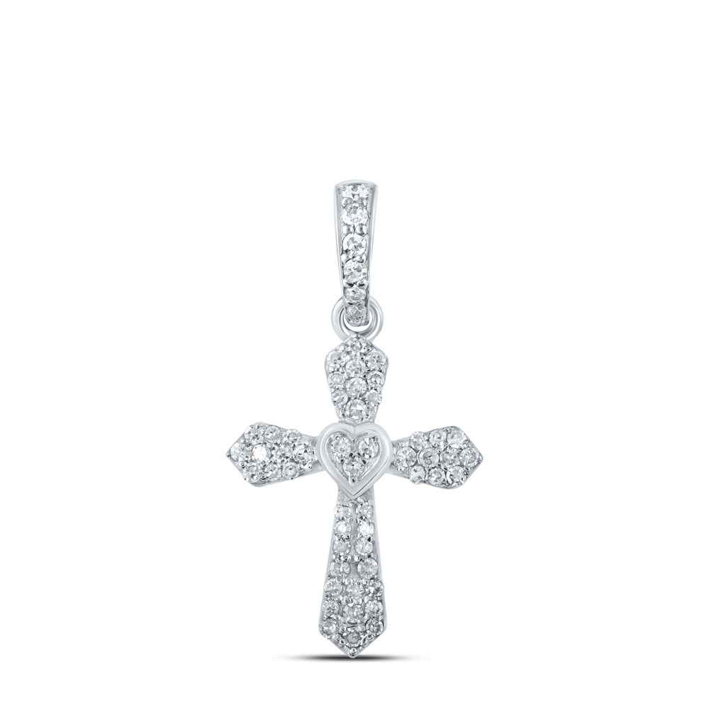 10K White Or Yellow Gold Womens Round Diamond Heart Cross Pendant