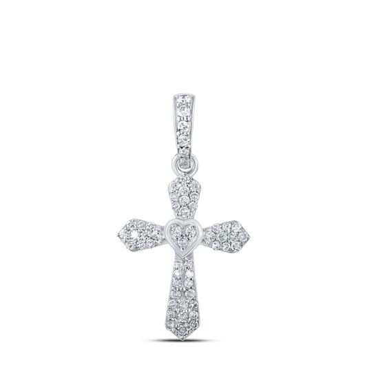 10K White Or Yellow Gold Womens Round Diamond Heart Cross Pendant
