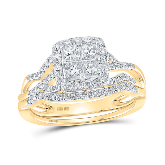 10K Yellow Gold Princess Diamond Square Bridal Wedding Ring Band Set 1 Cttw, Womens Size: 5-10