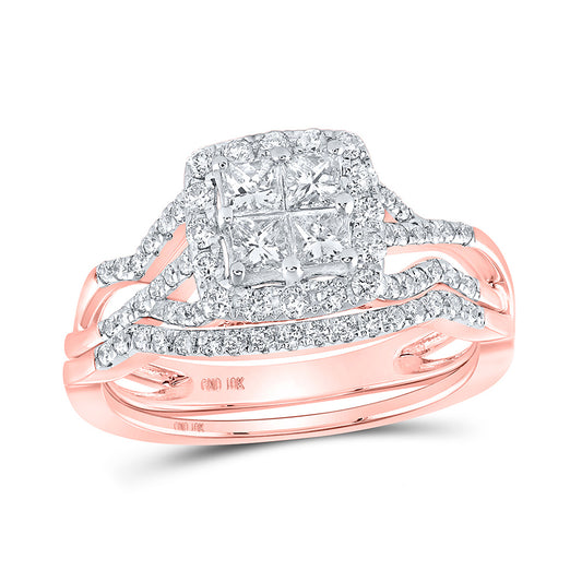10K Yellow Or White Or Rose Gold Princess Diamond Square Bridal Wedding Ring Band Set , Womens Size: 5-10