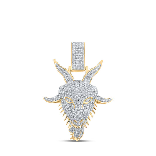 10K Yellow Gold Mens Round Diamond Goat Face Charm Pendant 1-1/2 Cttw, Length: 1.54 In, Width: 1.15 In