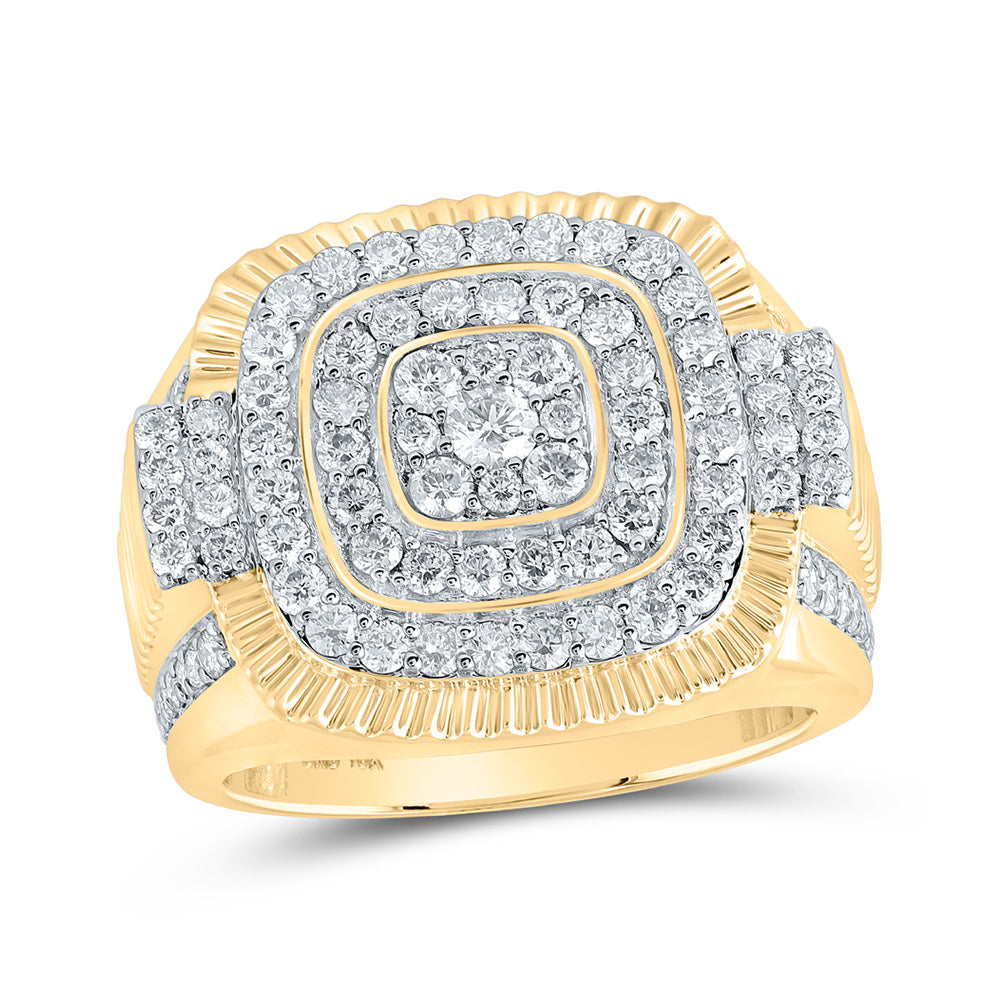 10K Yellow Gold Mens Round Diamond Fluted Square Ring 1-7/8 Cttw, Mens Size: 7-13