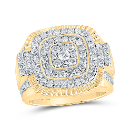 10K Yellow Gold Mens Round Diamond Fluted Square Ring 1-7/8 Cttw, Mens Size: 7-13