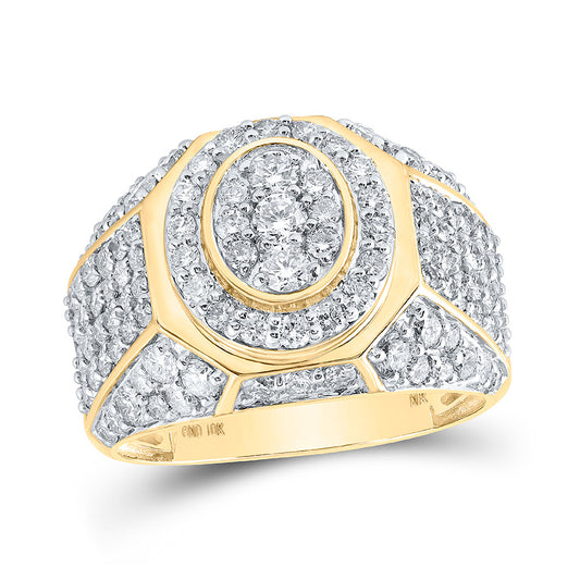 10K Yellow Gold Mens Round Diamond Oval Ring 3 Cttw, Mens Size: 7-13