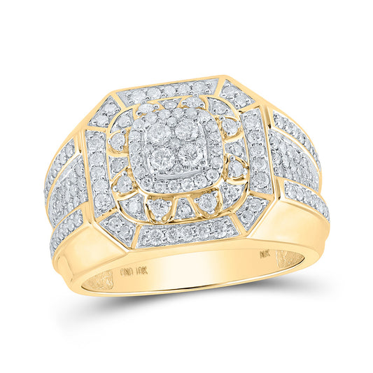 10K Yellow Gold Mens Round Diamond Octagon Cluster Ring 1-1/3 Cttw, Mens Size: 7-13