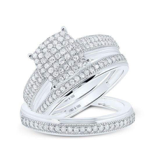 Sterling Silver His Hers Round Diamond Cluster Matching Wedding Set 3/4 Cttw, Womens Size: 5-10, Mens Size: 7-13
