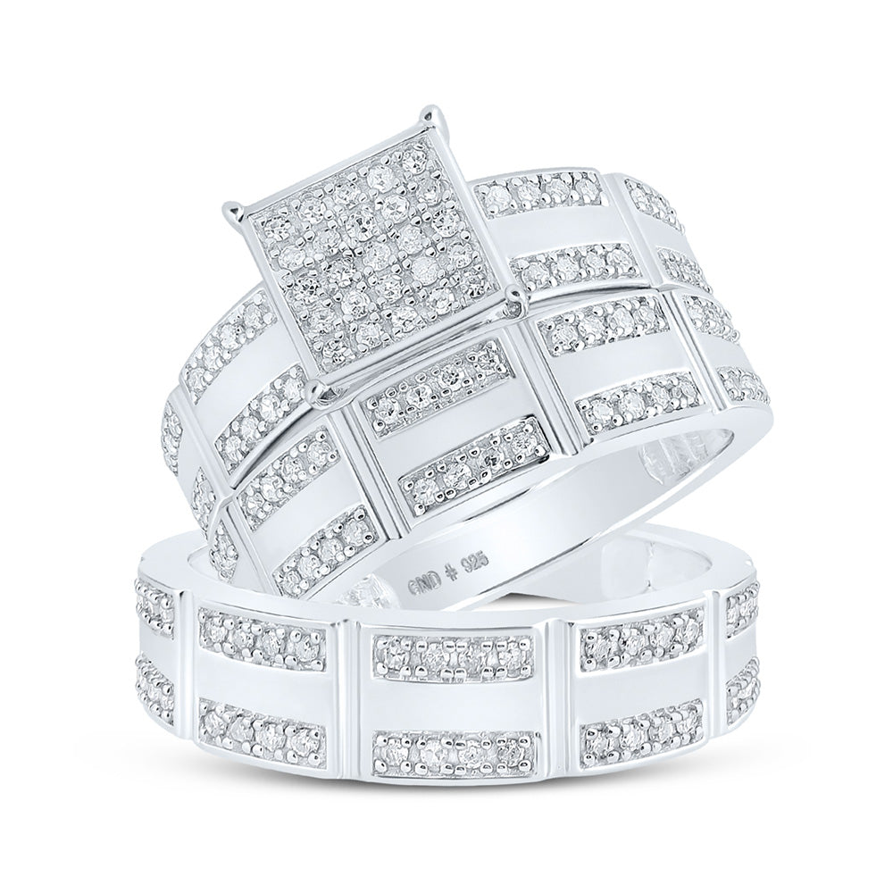 Sterling Silver His Hers Round Diamond Square Matching Wedding Set 1/2 Cttw, Womens Size: 5-10, Mens Size: 7-13