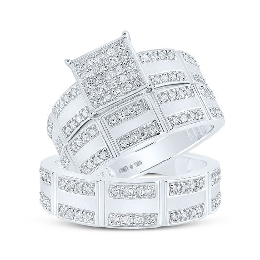 Sterling Silver His Hers Round Diamond Square Matching Wedding Set 1/2 Cttw, Womens Size: 5-10, Mens Size: 7-13