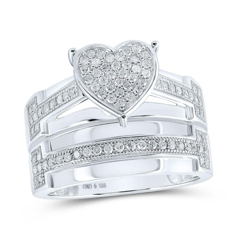 Sterling Silver His Hers Round Diamond Heart Matching Wedding Set 7/8 Cttw, Womens Size: 5-10, Mens Size: 7-13