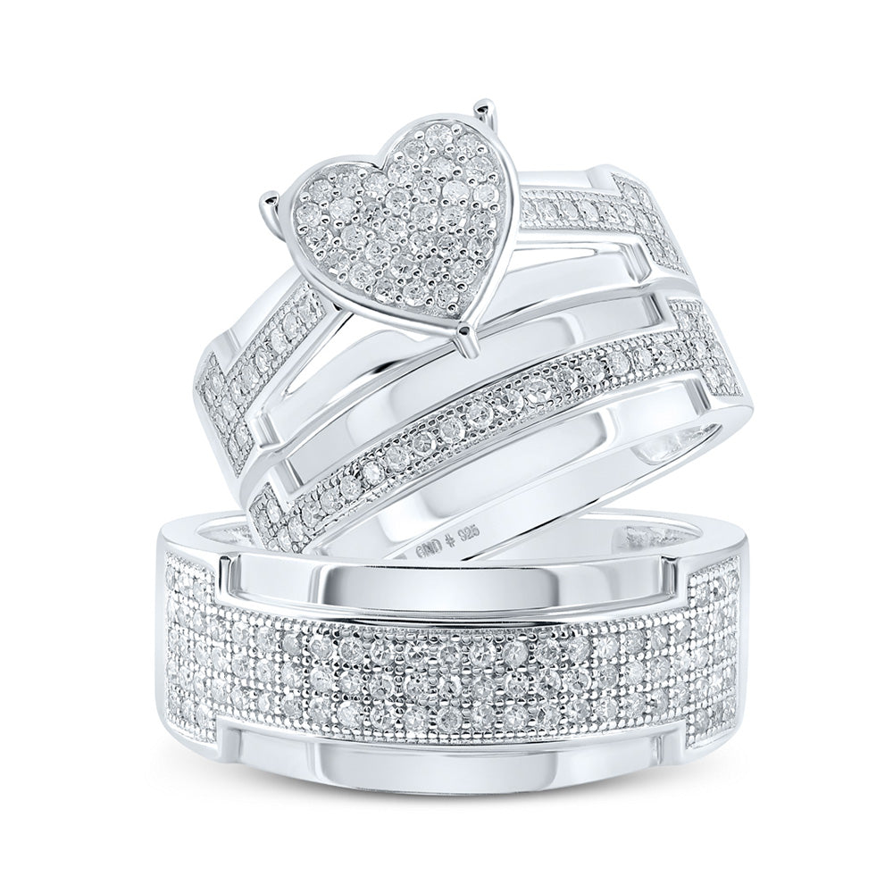 Sterling Silver His Hers Round Diamond Heart Matching Wedding Set 7/8 Cttw, Womens Size: 5-10, Mens Size: 7-13
