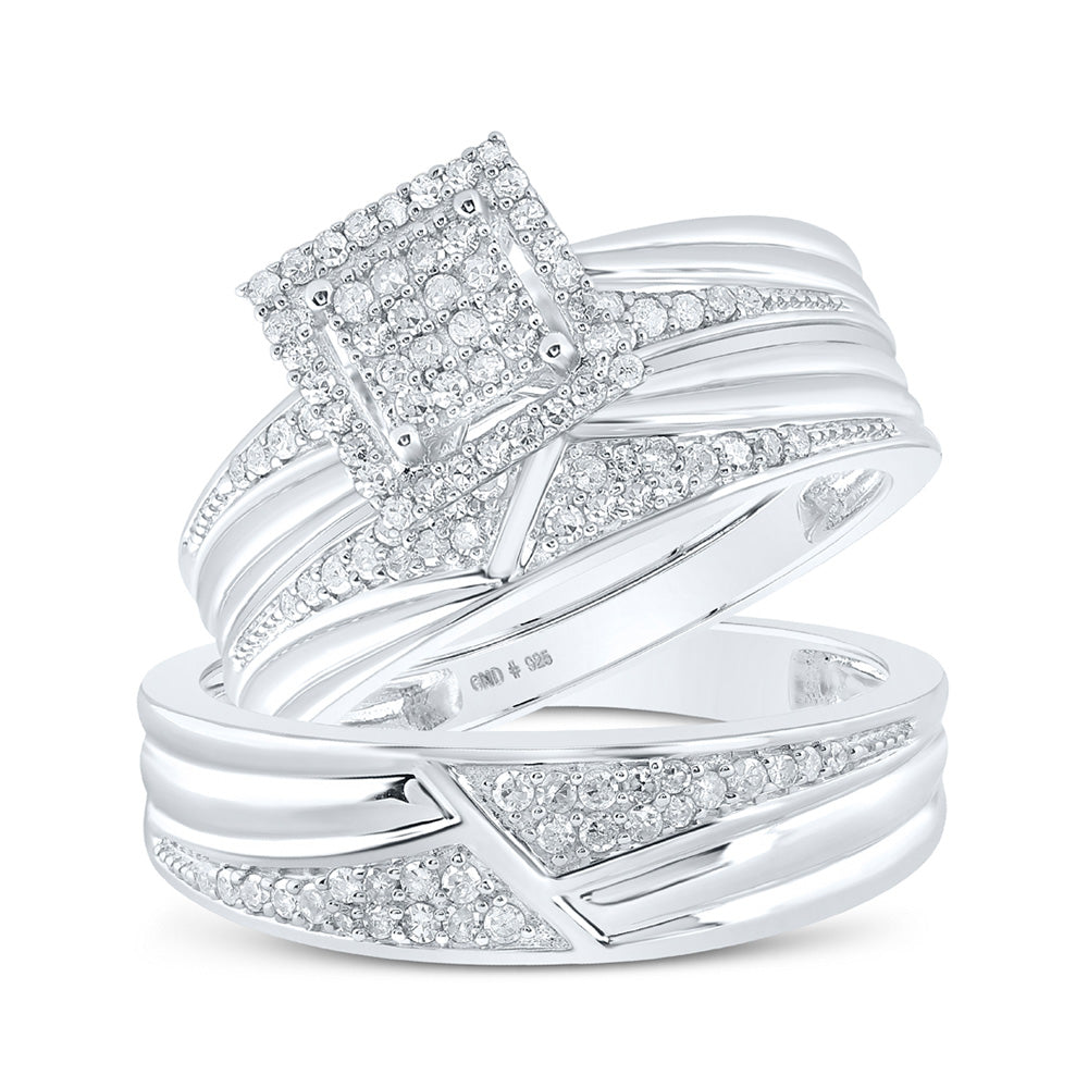 Sterling Silver His Hers Round Diamond Square Matching Wedding Set 1/2 Cttw, Womens Size: 5-10, Mens Size: 7-13