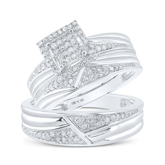 Sterling Silver His Hers Round Diamond Square Matching Wedding Set 1/2 Cttw, Womens Size: 5-10, Mens Size: 7-13
