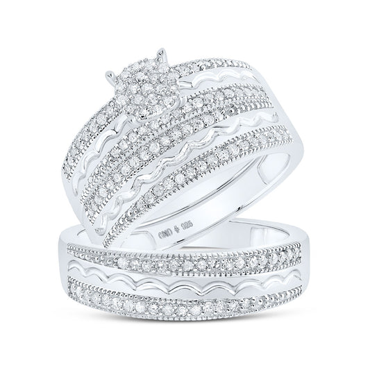 Sterling Silver His Hers Round Diamond Cluster Matching Wedding Set 5/8 Cttw, Womens Size: 5-10, Mens Size: 7-13