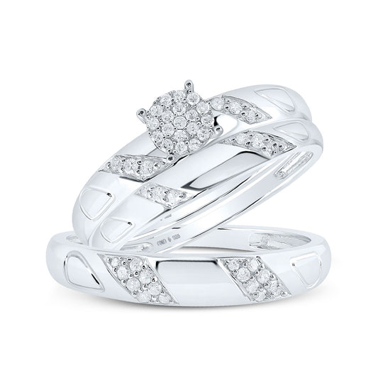 Sterling Silver His Hers Round Diamond Cluster Matching Wedding Set 1/4 Cttw, Womens Size: 5-10, Mens Size: 7-13