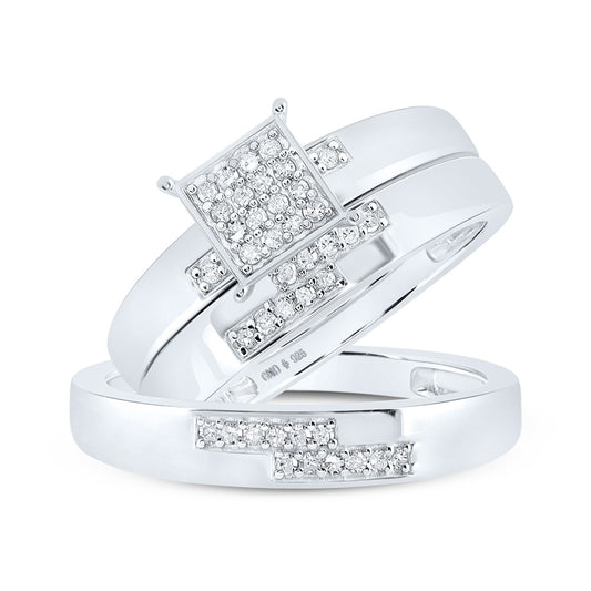 Sterling Silver His Hers Round Diamond Square Matching Wedding Set 1/4 Cttw, Womens Size: 5-10, Mens Size: 7-13