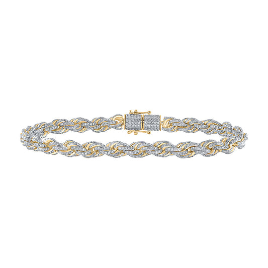 10K Yellow Gold Mens Round Diamond 8.5-inch Rope Chain Bracelet 6-1/5 Cttw, Length: 8.5 In, Width: 0.24 In