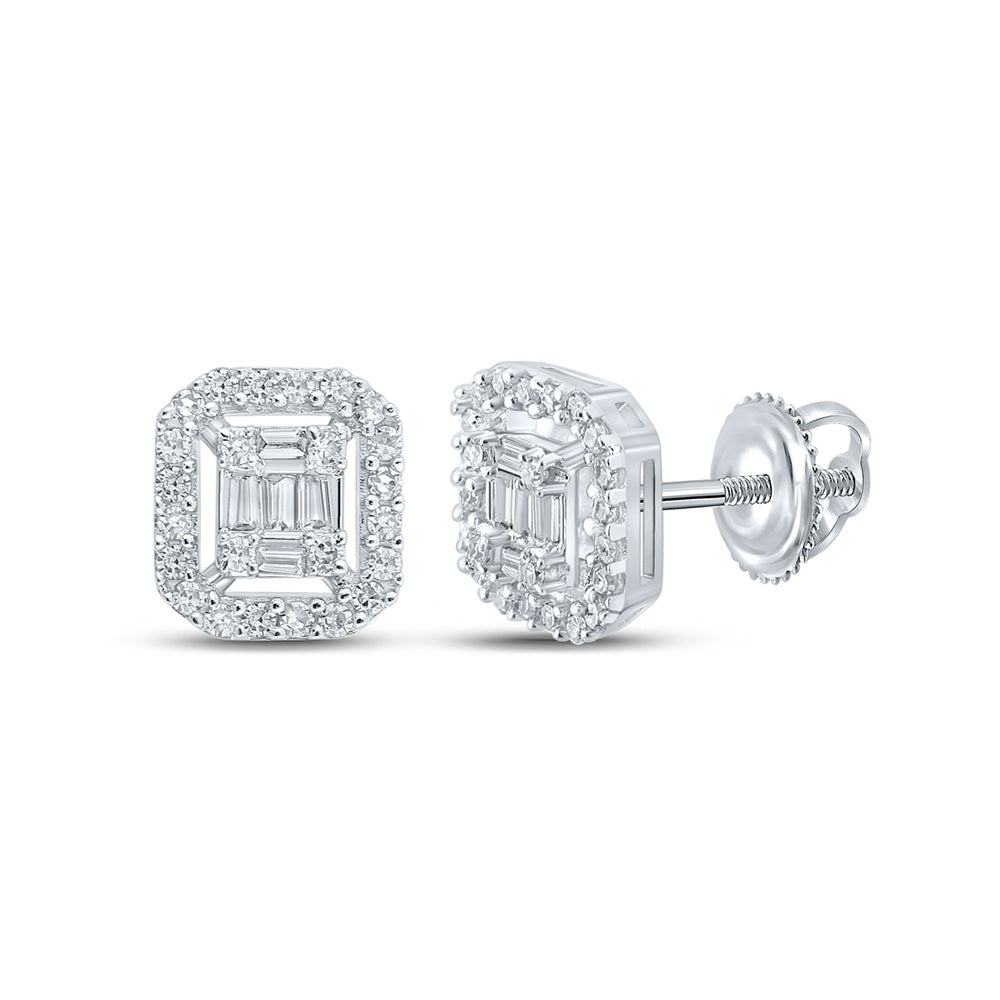 14K White Gold Baguette Diamond Cluster Earrings 1/4 Cttw