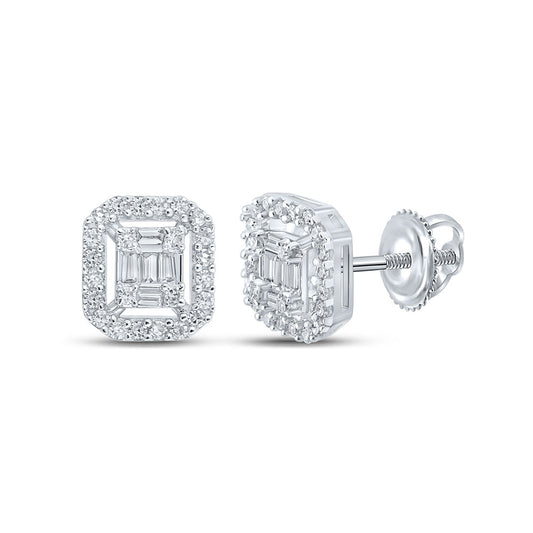 14K White Gold Baguette Diamond Cluster Earrings 1/4 Cttw