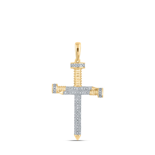 14K Yellow Gold Mens Round Diamond Nail Cross Charm Pendant 1/3 Cttw