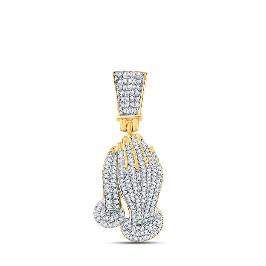 14K Yellow Gold Mens Round Diamond Prayer Hands Charm Pendant 3/8 Cttw, Length: 1.16 In, Width: 0.49 In