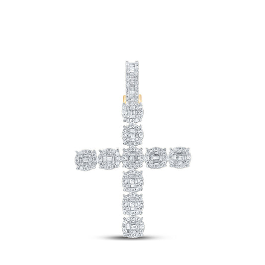 14K Yellow Gold Mens Baguette Diamond Cross Charm Pendant 1-7/8 Cttw