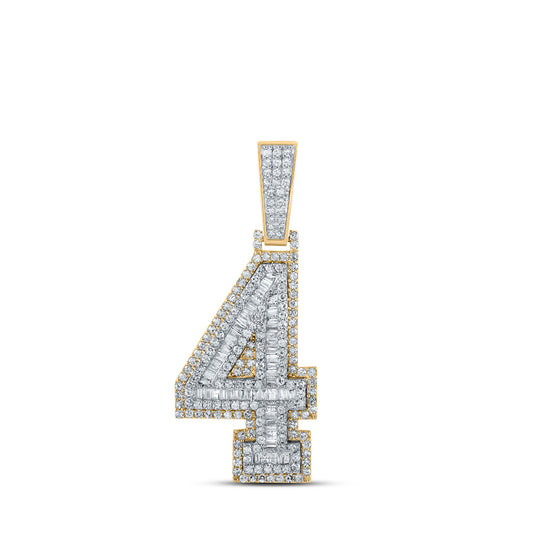 14K Two-tone Gold Mens Baguette Diamond Number 4 Charm Pendant 1-1/2 Cttw