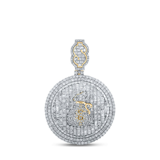 14K Yellow Gold Mens Baguette Diamond Dollar Sign Circle Charm Pendant 5 Cttw, Length: 2 In, Width: 1.32 In