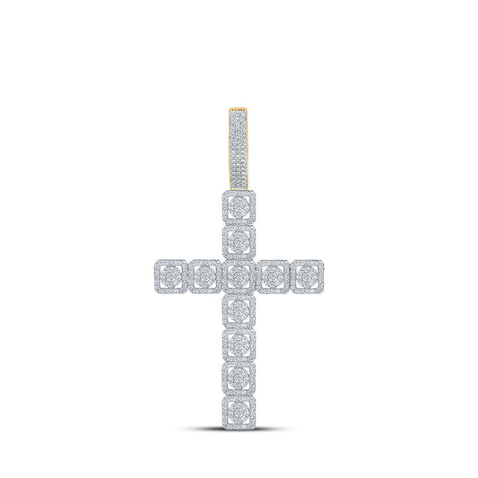 14K Yellow Gold Mens Round Diamond Cross Charm Pendant 1-1/5 Cttw